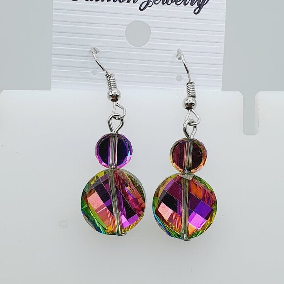 Iridescent Rainbow Crystal Beaded Dangle Earrings, AZFA1176 - Picture 1 of 9